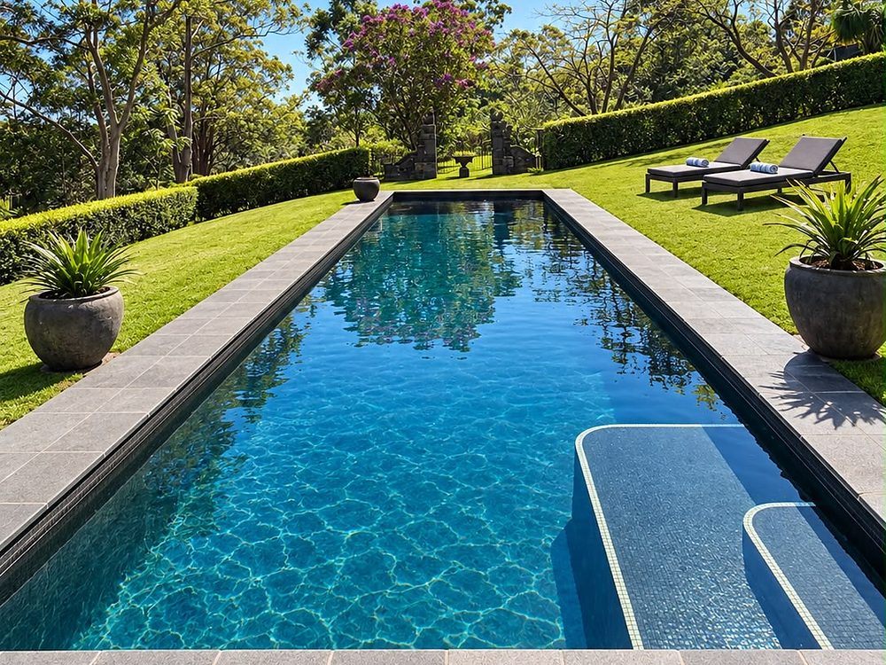 The lap pool, with sun loungers on the lawn beside it